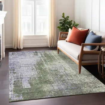3' X 5' Olive Green And Purple Abstract Washable Indoor Outdoor Area Rug