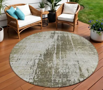 8' Brown And Tan Round Abstract Washable Indoor Outdoor Area Rug