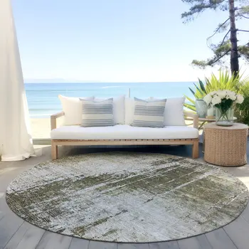 8' Brown And Tan Round Abstract Washable Indoor Outdoor Area Rug