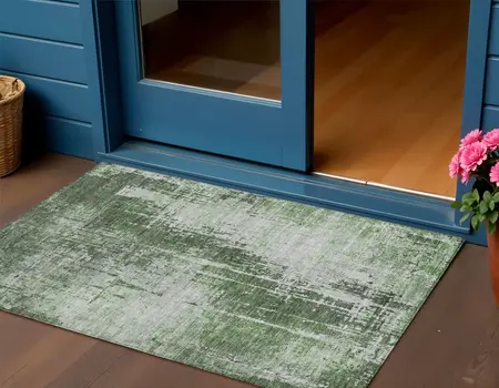 3' X 5' Fern Green And Green Abstract Washable Indoor Outdoor Area Rug