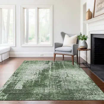 5' X 8' Fern Green And Green Abstract Washable Indoor Outdoor Area Rug