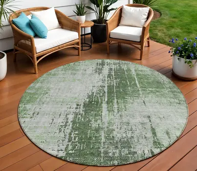 8' Fern Green And Green Round Abstract Washable Indoor Outdoor Area Rug