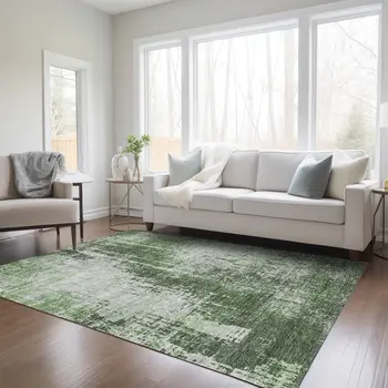 8' X 10' Fern Green And Green Abstract Washable Indoor Outdoor Area Rug
