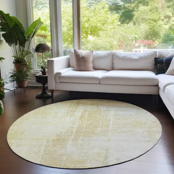 8' Gold Ivory And Beige Round Abstract Washable Indoor Outdoor Area Rug