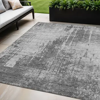 5' X 8' Gray Charcoal And Silver Abstract Washable Indoor Outdoor Area Rug