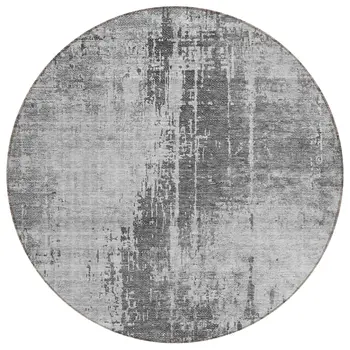 8' Gray Charcoal And Silver Round Abstract Washable Indoor Outdoor Area Rug