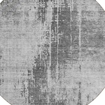 8' Gray Charcoal And Silver Round Abstract Washable Indoor Outdoor Area Rug