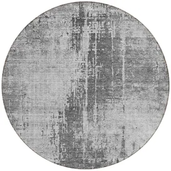 8' Gray Charcoal And Silver Round Abstract Washable Indoor Outdoor Area Rug
