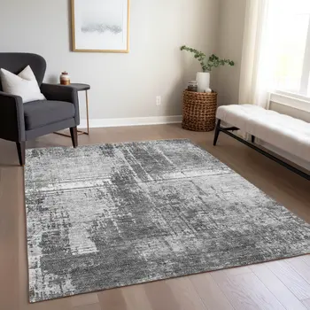 10' X 14' Gray Charcoal And Silver Abstract Washable Indoor Outdoor Area Rug