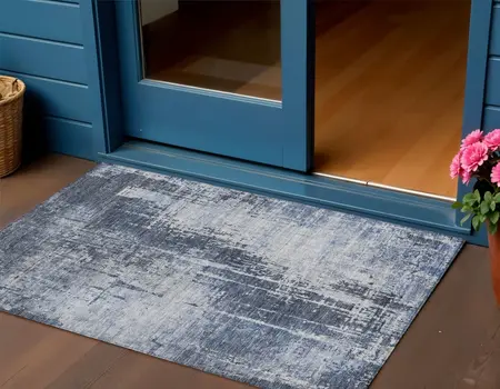 3' X 5' Navy Blue And Sky Blue Abstract Washable Indoor Outdoor Area Rug