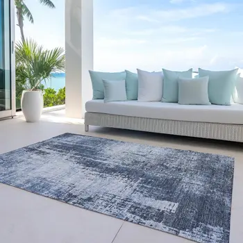 3' X 5' Navy Blue And Sky Blue Abstract Washable Indoor Outdoor Area Rug
