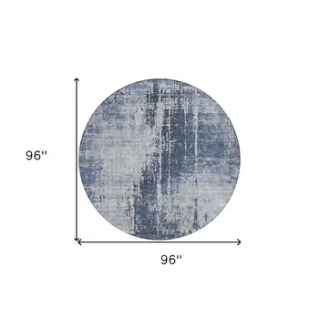 8' Navy Blue And Sky Blue Round Abstract Washable Indoor Outdoor Area Rug