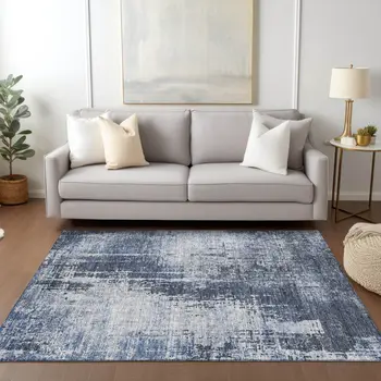 8' X 10' Navy Blue And Sky Blue Abstract Washable Indoor Outdoor Area Rug