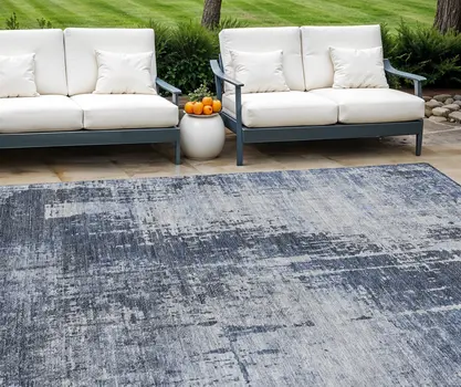 9' X 12' Navy Blue And Sky Blue Abstract Washable Indoor Outdoor Area Rug