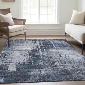 10' X 14' Navy Blue And Sky Blue Abstract Washable Indoor Outdoor Area Rug