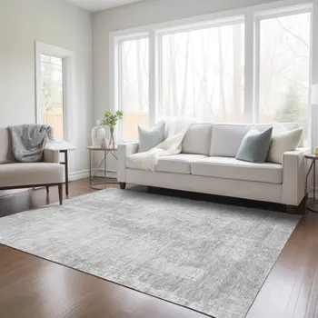 3' X 5' Silver And Gray Abstract Washable Indoor Outdoor Area Rug
