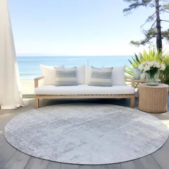 8' Silver And Gray Round Abstract Washable Indoor Outdoor Area Rug