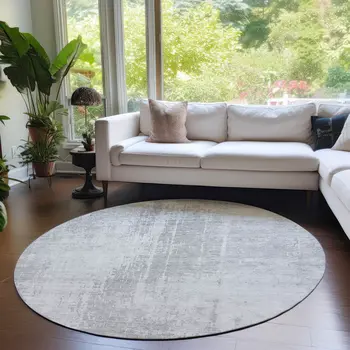 8' Silver And Gray Round Abstract Washable Indoor Outdoor Area Rug