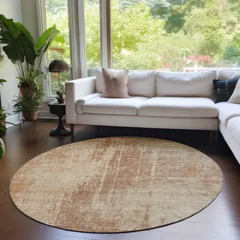8' Terra Cotta And Copper Round Abstract Washable Indoor Outdoor Area Rug