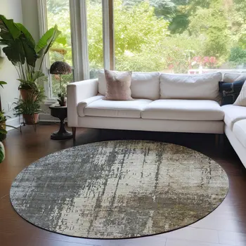 8' Beige Brown And Gray Round Abstract Washable Indoor Outdoor Area Rug