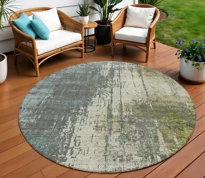 8' Sage Beige And Brown Round Abstract Washable Indoor Outdoor Area Rug