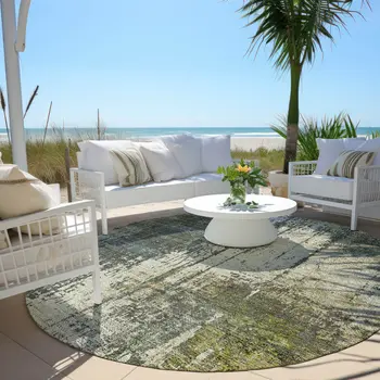8' Sage Beige And Brown Round Abstract Washable Indoor Outdoor Area Rug