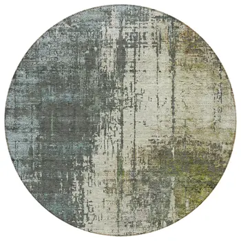 8' Sage Beige And Brown Round Abstract Washable Indoor Outdoor Area Rug