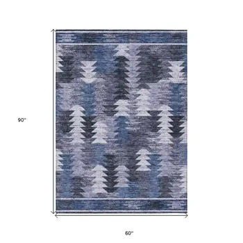 5' X 8' Navy Blue And Sky Blue Southwestern Washable Indoor Outdoor Area Rug