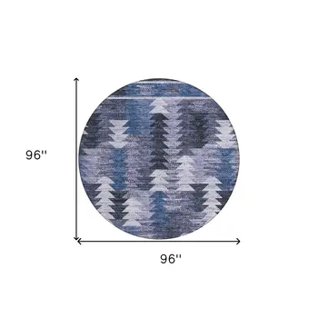 8' Navy Blue And Sky Blue Round Southwestern Washable Indoor Outdoor Area Rug