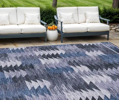 8' X 10' Navy Blue And Sky Blue Southwestern Washable Indoor Outdoor Area Rug