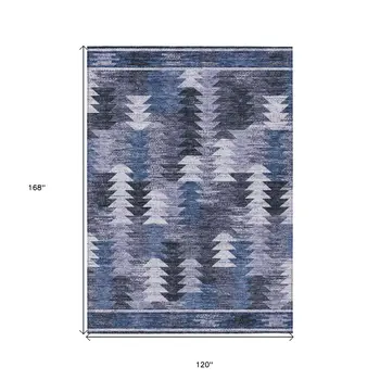 10' X 14' Navy Blue And Sky Blue Southwestern Washable Indoor Outdoor Area Rug