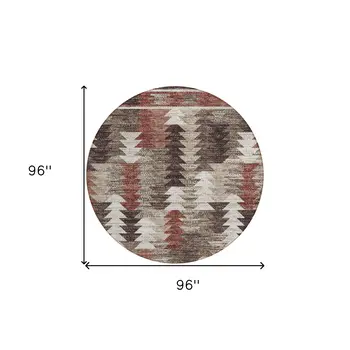 8' Brown And Ivory Round Southwestern Washable Indoor Outdoor Area Rug