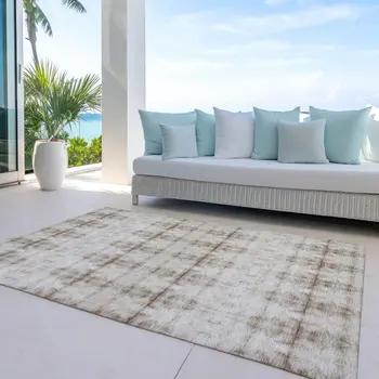 8' X 10' Beige Taupe And Tan Geometric Washable Indoor Outdoor Area Rug
