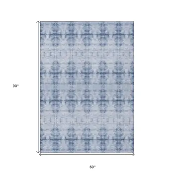 5' X 8' Navy Blue And Sky Blue Geometric Washable Indoor Outdoor Area Rug