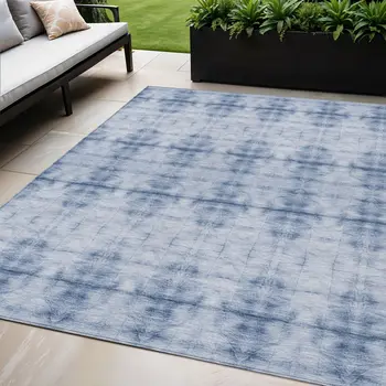 5' X 8' Navy Blue And Sky Blue Geometric Washable Indoor Outdoor Area Rug