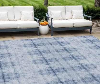 9' X 12' Navy Blue And Sky Blue Geometric Washable Indoor Outdoor Area Rug