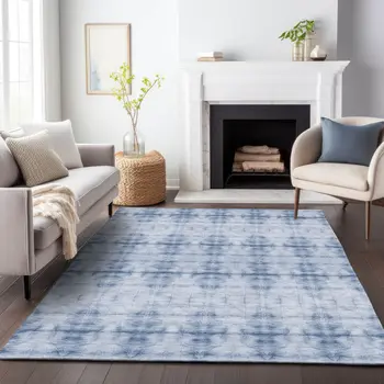 9' X 12' Navy Blue And Sky Blue Geometric Washable Indoor Outdoor Area Rug