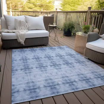 10' X 14' Navy Blue And Sky Blue Geometric Washable Indoor Outdoor Area Rug