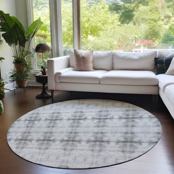 8' Silver And Gray Round Geometric Washable Indoor Outdoor Area Rug