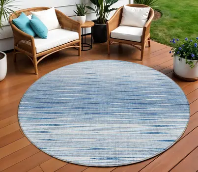 8' Navy Blue And Sky Blue Round Abstract Washable Indoor Outdoor Area Rug