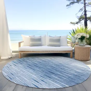 8' Navy Blue And Sky Blue Round Abstract Washable Indoor Outdoor Area Rug