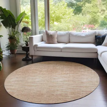 8' Salmon And Ivory Round Abstract Washable Indoor Outdoor Area Rug