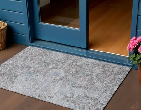 3' X 5' Brown And Blue Oriental Washable Indoor Outdoor Area Rug