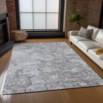 3' X 5' Brown And Blue Oriental Washable Indoor Outdoor Area Rug