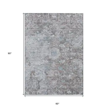 5' X 8' Brown And Blue Oriental Washable Indoor Outdoor Area Rug