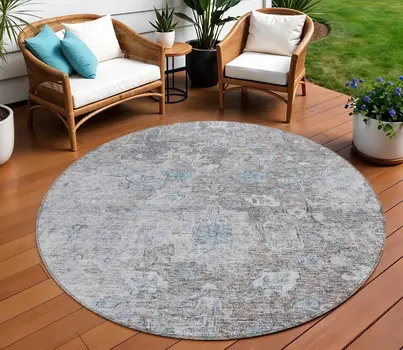 8' Brown And Blue Round Oriental Washable Indoor Outdoor Area Rug