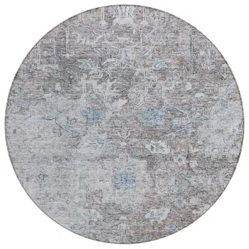 8' Brown And Blue Round Oriental Washable Indoor Outdoor Area Rug