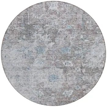 8' Brown And Blue Round Oriental Washable Indoor Outdoor Area Rug