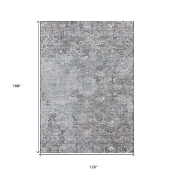 10' X 14' Brown And Blue Oriental Washable Indoor Outdoor Area Rug