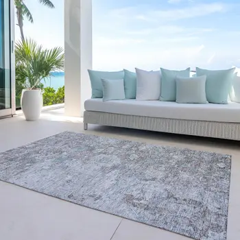 10' X 14' Brown And Blue Oriental Washable Indoor Outdoor Area Rug
